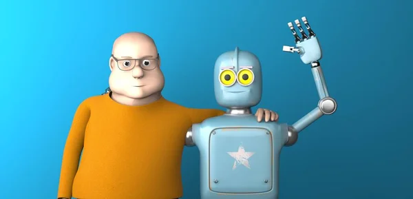 Roboten Och Mannen Vän Artificiell Intelligens Utbildning Render Stockbild