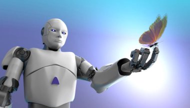 Mavi güneş arka planında robot ve kelebek. Teknoloji ve Doğa Konsepti, 3D canlandırma