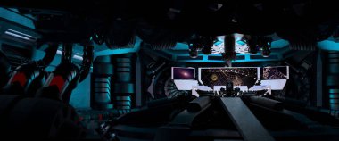 Bilim kurgu uzay gemisi iç mekanı, yıldızlar arası seyahat, 3D Illustration, NASA tarafından döşenmiş bu görüntünün elementleri