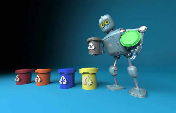 Den Retro Robot Med Papperskorgen Papperskorg Separate Avfallsinsamling Miljöskydd Koncept Royaltyfria Stockbilder