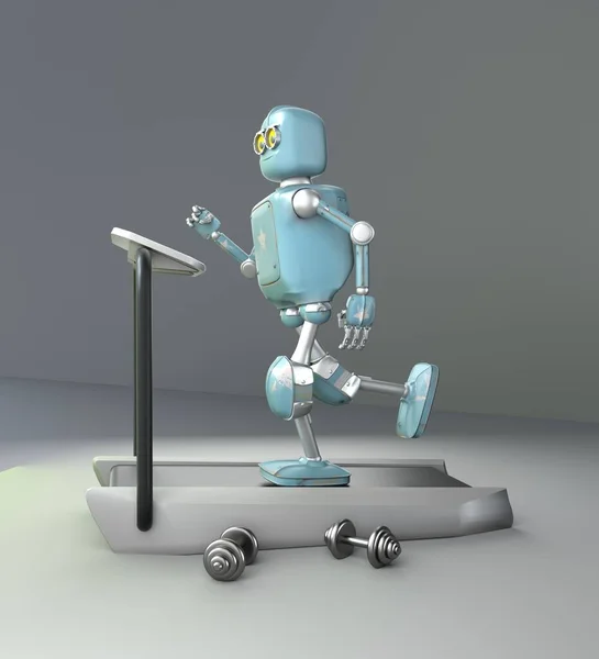 Robô Rodando Uma Esteira Fundo Néon Renderização — Fotografia de Stock