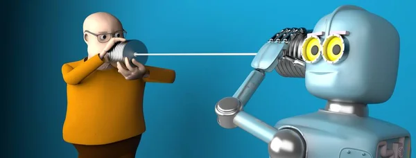 Adam ve robot konserve kutusuyla konuşuyor..