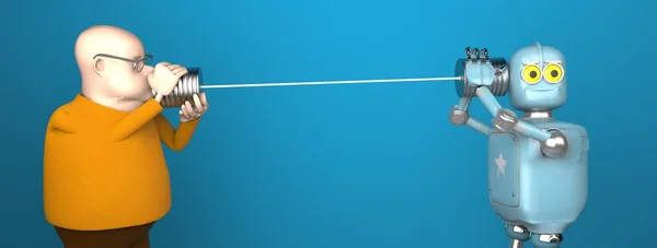 Adam ve robot konserve kutusuyla konuşuyor..