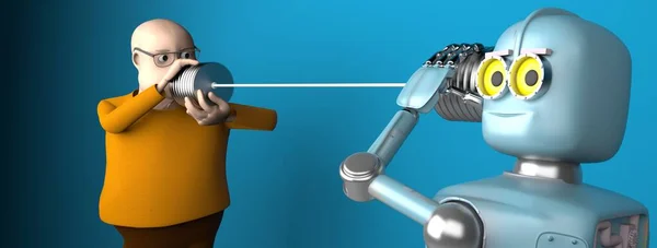 Mannen Och Roboten Pratar Med Tenn Kan Ringa Render Stockfoto