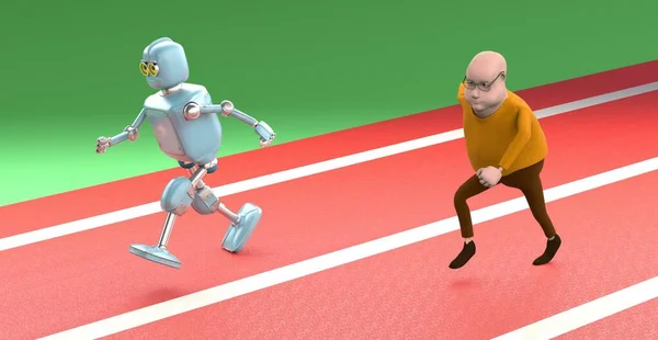 Robot ve insan rekabeti, gelecek konsepti, 3 boyutlu canlandırma.