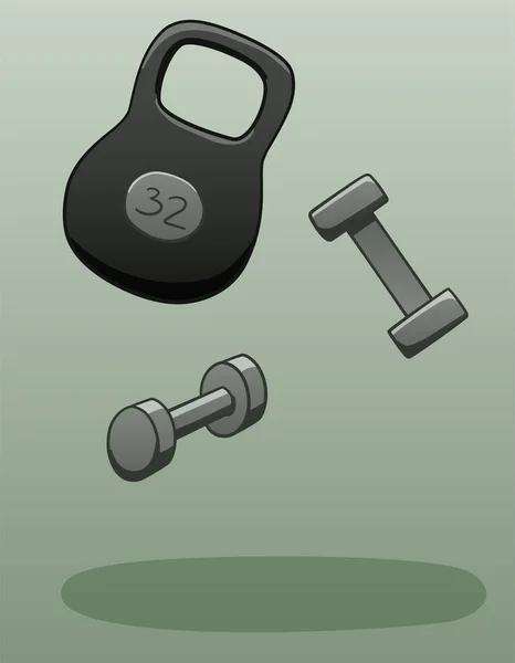 Levitating dumbbells and kettlebell on a gray background — Stock Vector