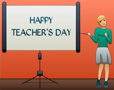 Projektör yakınında işaretçi ile genç kadın öğretmen