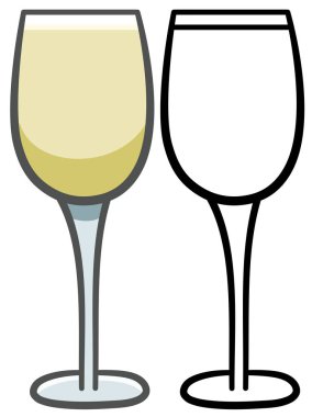 Renkli beyaz şarap kadehi ve çizgi versiyonları