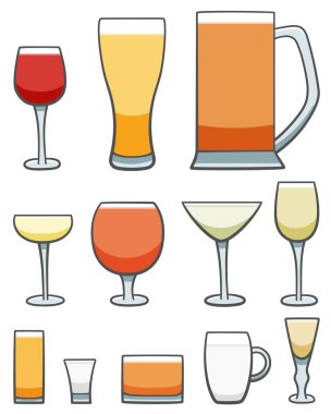 12 bardak ve farklı içecekler.