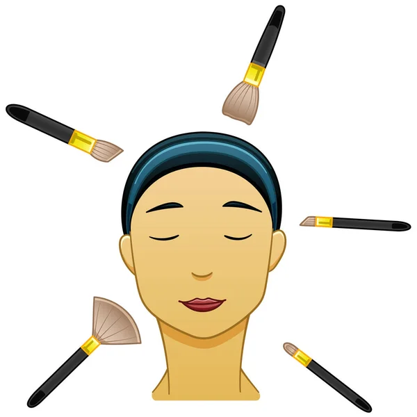 Asiatique femme aux cheveux noirs avec des pinceaux de maquillage — Image vectorielle