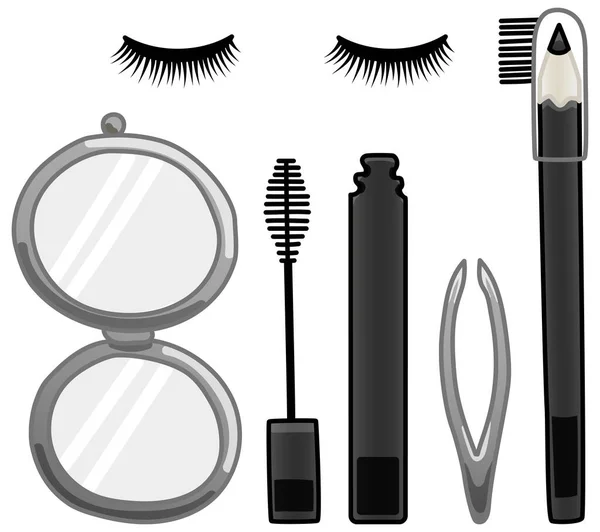 Pocket mirror, mascara, tweezers, eyebrow pencil and false eyelashes set