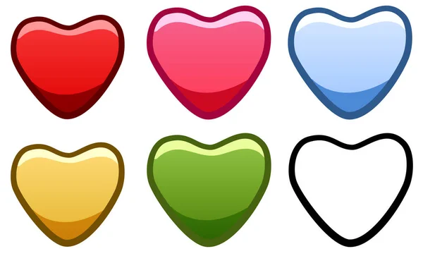Šest srdcí různých barev nastavena na bílém pozadí — Stockový vektor