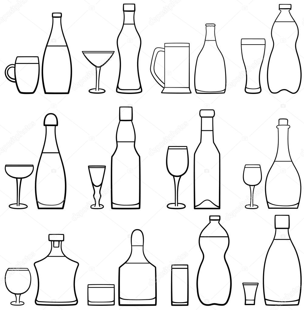 Set of twelve black line glass and bottle pairs