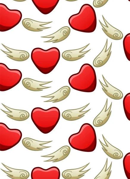 Κόκκινες καρδιές με μπεζ φτερά χωρίς ραφή μοτίβο — Διανυσματικό Αρχείο