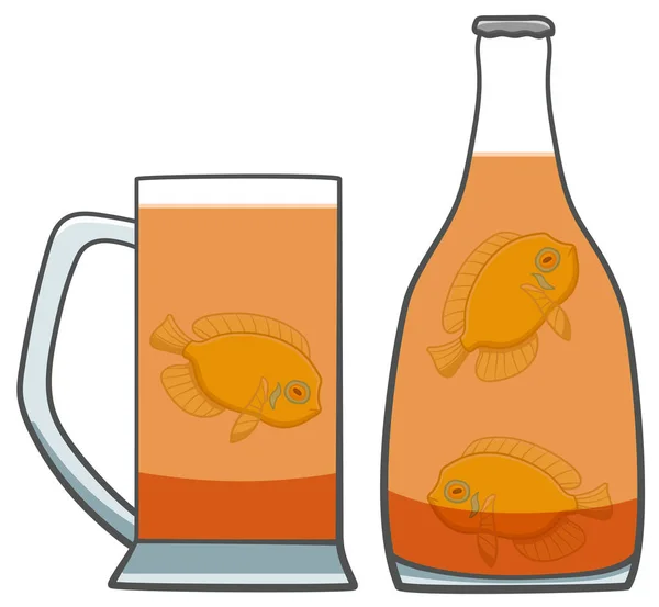 瓶子里的黄心鱼和一大杯啤酒 — 图库矢量图片