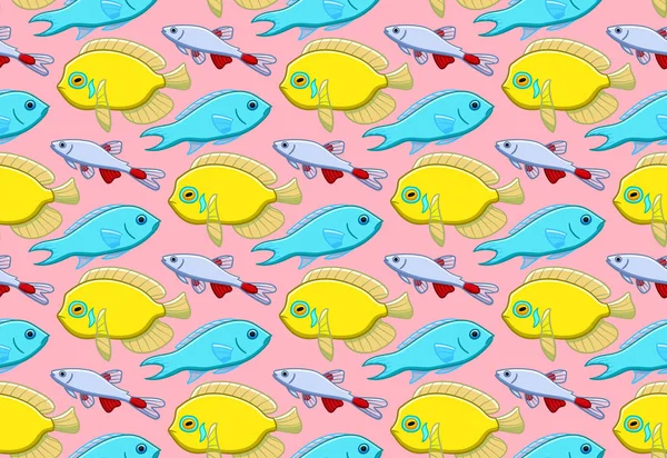 Seamless pattern with Damselfish, Centropyge and Bloodfin tetra fishes on pink background — Stock Vector