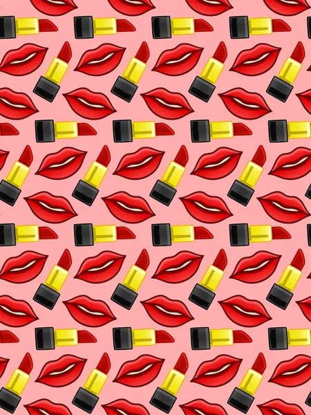 Lippen en lippenstift naadloos patroon op roze achtergrond — Stockvector