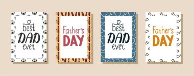 Babalar günü için harflerle dolu tebrik kartları. Futbol topları, kravatlar, kalpler ve gözlük desenli tasarım. Gelmiş geçmiş en iyi baba..