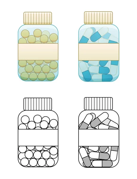 Frascos Planos Estilo Bosquejo Con Cápsulas Tabletas Aceite Pescado Ilustración — Archivo Imágenes Vectoriales