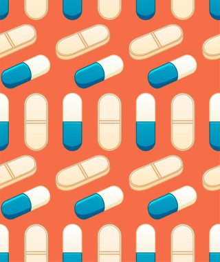 Düz stil oval kapsül ve bej haplar. Site dekorasyonu için yazdır. Turuncu arkaplan, vektör.