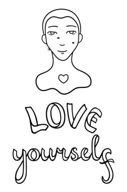 Yüzünde siğil olan bir çocuğun portresi. Yüz hatları olan bir ten. Harfleri kendine sakla. Vücut pozitif slogan. Beyaz arkaplanda dış hat biçimi izole edilmiş vektör çizimi.