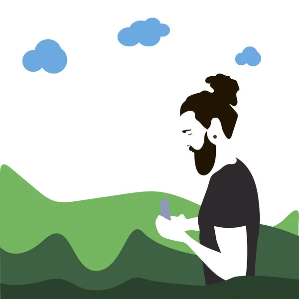 Hipster man with a beard, using a smartphone on the background of the Park. — Stock Vector