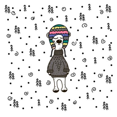 Kar altında örme şapkalı sevimli beyaz ayı. Baskılar, Noel kartları, kapaklar, poster için resim