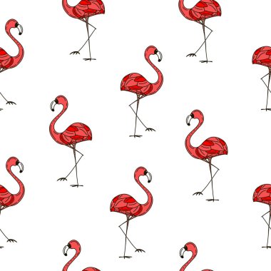 Pembe flamingolar kuşlar yaz desen. Vektör çizimi.