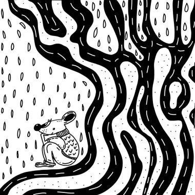 Bir ağaç tarafından oturan bir örgü kazak karikatür fare ve sonbahar yaprakları etrafında. el yapımı vektör illüstrasyon.