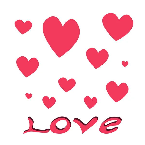 Szerelem szó kézzel rajzolt betűkkel. a kis-és nagy szívek fehér háttér betűkkel szerelem grunge vektor illusztráció. Képeslapként vagy poszterként is használható. Rózsaszín színű szöveg fehér háttéren. — Stock Vector