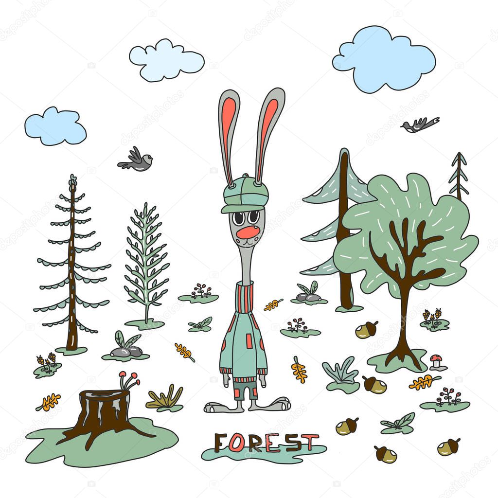 Vector illustration, forest animals, rabbit, bird