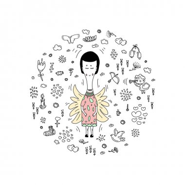 Vektör Sevgililer Günü için doodle tarzında ayarlayın. Bir yay ile Cupid, bir arp, kuşlar, kalpler, bulutlar ve diğer unsurları ile cupid.