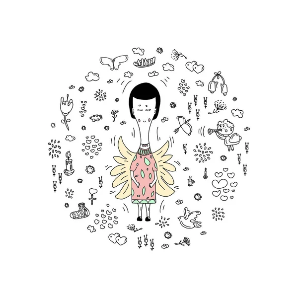 Vektör Sevgililer Günü için doodle tarzında ayarlayın. Bir yay ile Cupid, bir arp, kuşlar, kalpler, bulutlar ve diğer unsurları ile cupid.