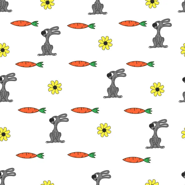 Drôle de dessin animé motif sans couture pour les enfants de fond. Lapins, carottes, fleurs — Image vectorielle