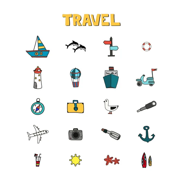 Set d'été dans le style Doodle isolé sur blanc : étoile de mer, lunettes de soleil, bouée de sauvetage, soleil, cocktail, valise Mouette, télescope, bateau yacht dauphins — Image vectorielle