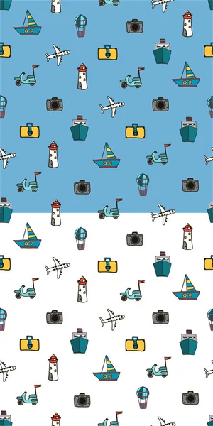 Instellen van zomer pictogrammen patroon vector voor t-shirt print ontwerp. Starfish, zonnebril, lifebuoy, zon, cocktail, koffer, Seagull, Spyglass, schip Yacht schip dolfijnen op witte en blauwe achtergrond — Stockvector
