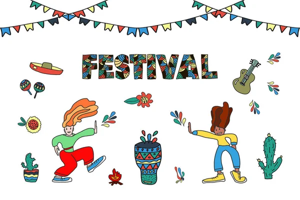 Dansen meisje. Hi Festival. Vector illustratie van grappige dansen twee vrouwen in heldere kostuums. Design element voor Carnaval concept en andere gebruikers. Doodle stijl. — Stockvector