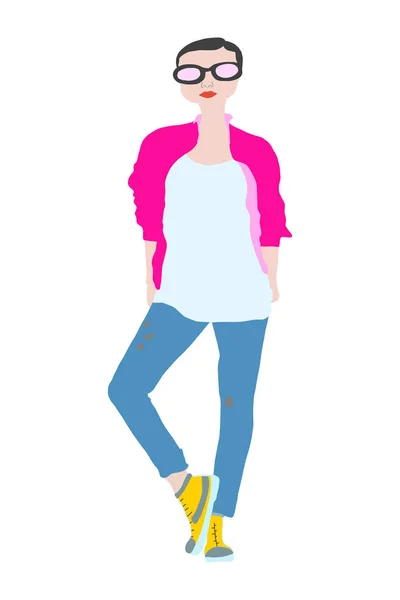 Modelo menina em azul rasgado jeans óculos de sol e casaco rosa brilhante e tênis amarelos —  Vetores de Stock
