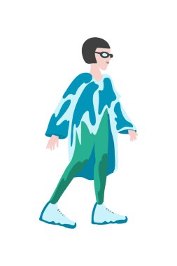 Model pozu. Poncho ve şık spor ayakkabı güzel genç kadın. özel baskı giysiler. . Güneş gözlüklüğü yle elle çizilmiş kız. Çizim. Vektör çizimi