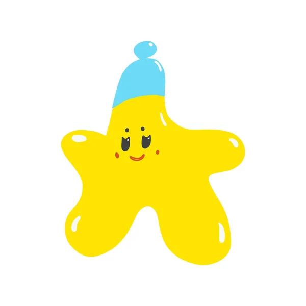 Lindo amarillo sonriente vector pequeña estrella en sombrero azul aislado en la ilustración vector de fondo blanco. Doodle. — Archivo Imágenes Vectoriales