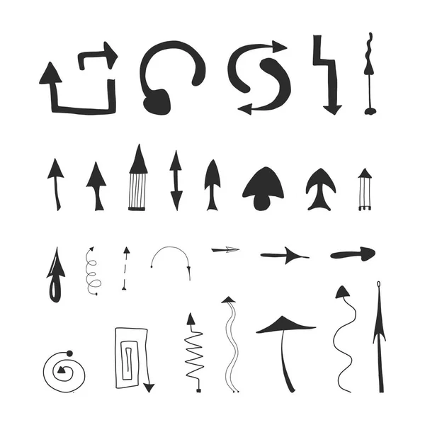 Hand drawn arrow set, collection of black direction pencil sketch symbols, vector illustration graphic design elements — Stock Vector