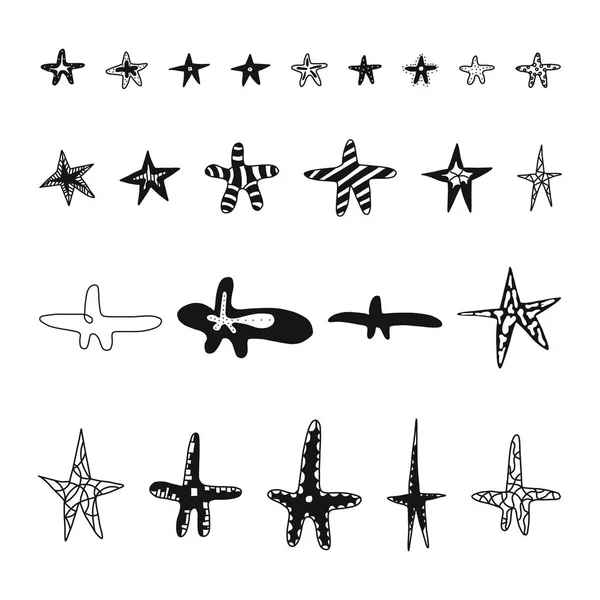 Star Doodles, illustrazione vettoriale disegnata a mano. stelle strette e larghe con angoli lisci e affilati e ornamenti diversi all'interno . — Vettoriale Stock