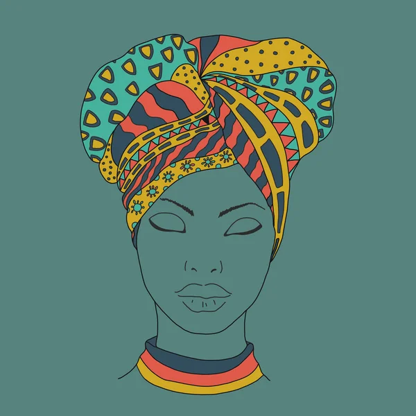 Retrato de la hermosa mujer afroamericana con turbante. dibujado a mano. Colores brillantes y fondo verde oscuro . — Vector de stock