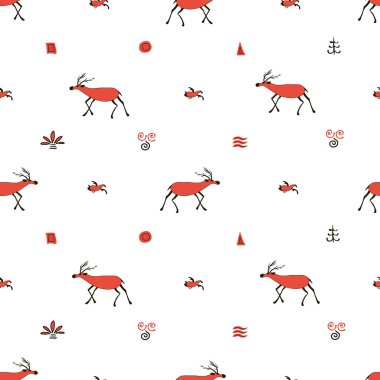 Etnik İskandinav Noel 'inin geyiklerle kusursuz bir geçmişi var. Kırmızı ve beyaz renkte vektör illüstrasyonu.