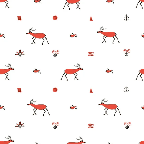 鹿と民族北欧のクリスマスシームレスなパターンの背景。赤と白のベクトルイラスト. — ストックベクタ