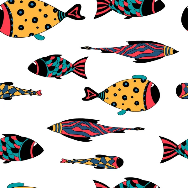 Naadloos patroon met vissen. Handgetrokken onderzeese wereld. witte achtergrond. Aquarium. Kan gebruikt worden voor behang, textiel, verpakking, kaart, omslag. Vectorillustratie, eps10 — Stockvector
