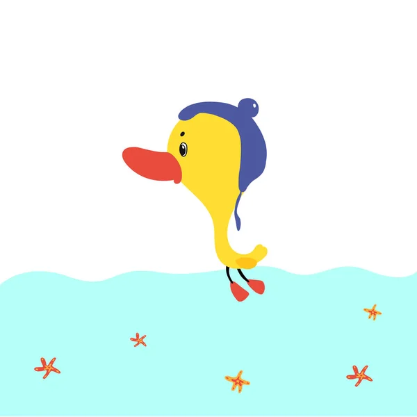 Los patos de dibujos animados flotan en el agua. vector ilustración dibujado a mano estilo . — Vector de stock