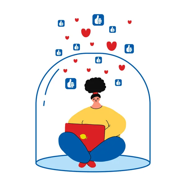 Una joven se sienta dentro de una burbuja de vidrio transparente y trabaja en una computadora portátil en las redes sociales.El concepto de límites personales, distancia social y espacio personal en la ilustración quarantine.vector — Vector de stock