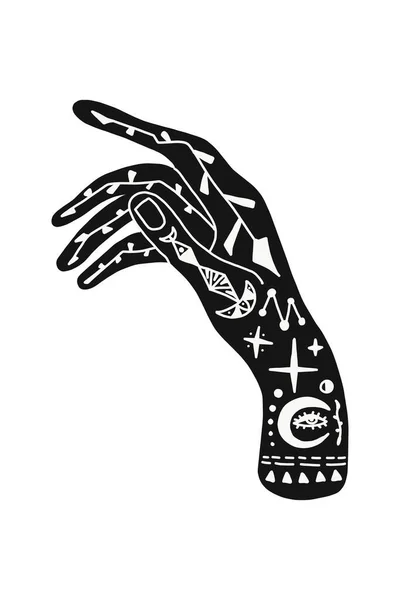 タトゥーのある手のベクトルイラスト 目と月の錬金術シンボル オカルトと神秘的な兆候を持つ抽象的なグラフィック 手描き式 精神的なデザイン 魔法の概念 — ストックベクタ
