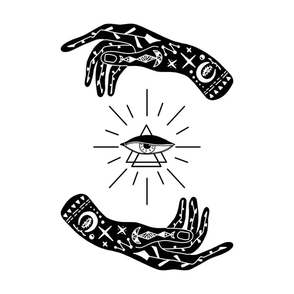 入れ墨の手のベクトルイラスト 三角形と光線の目を持つ錬金術シンボル オカルトと神秘的な兆候を持つ抽象的なグラフィック 手描き式 精神的な意図だ 魔法の概念 — ストックベクタ